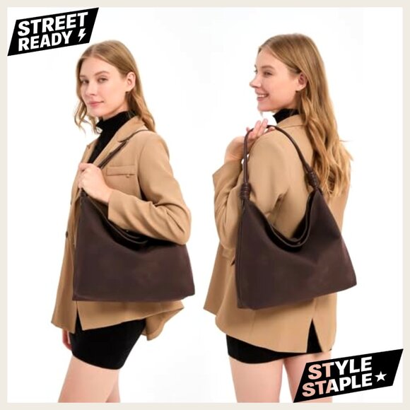 Large Faux Suede Hobo Tote Bag Lightweight Slouchy Shoulder Handbag - Picture 2 of 7